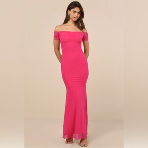 Lulu’s Elegant Off-Shoulder Hot Pink Mesh  Mermaid Maxi Dress Size M